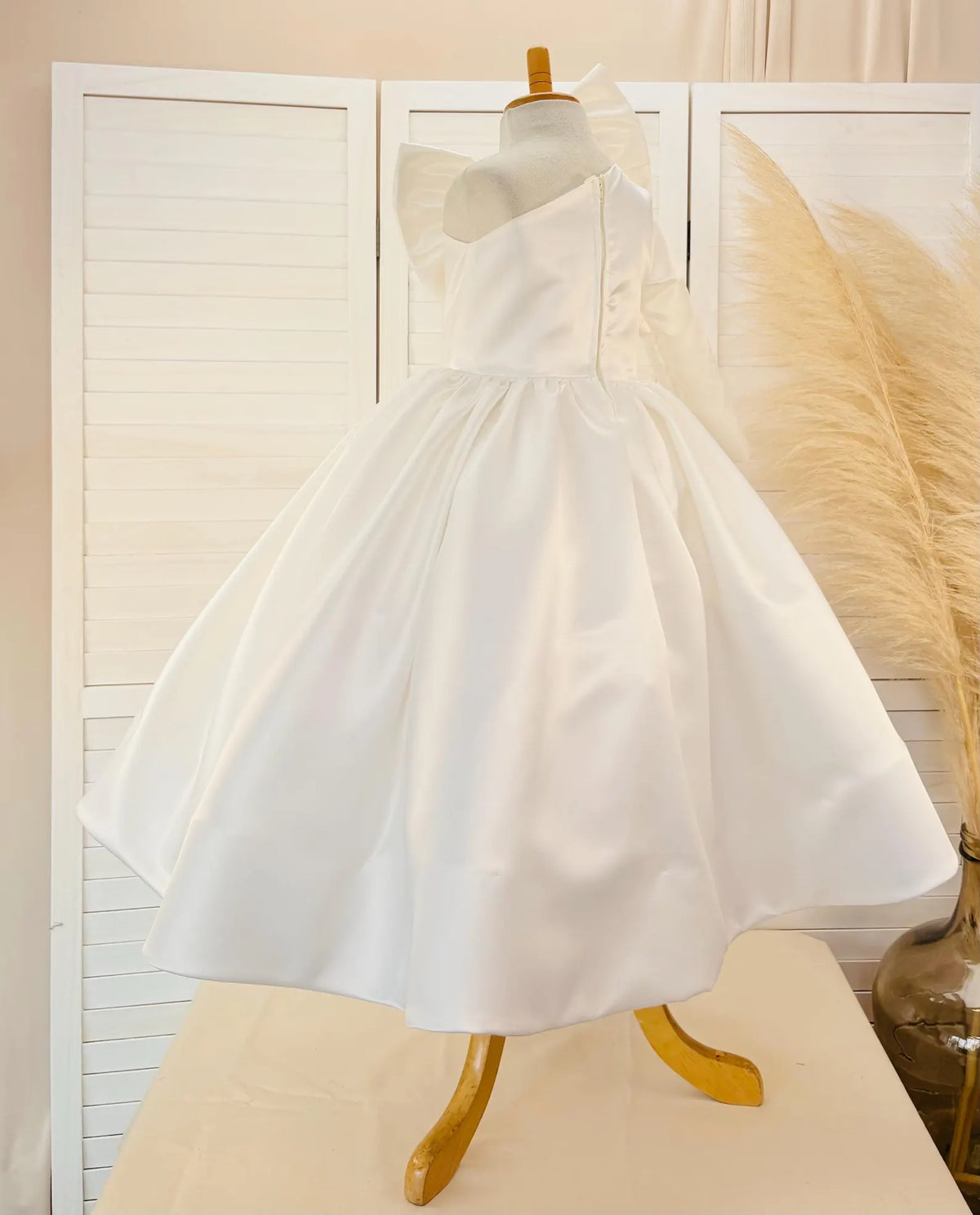 Ivory Satin Pearl Double Bow One Shoulder Long Sleeve Ankle Length Dress