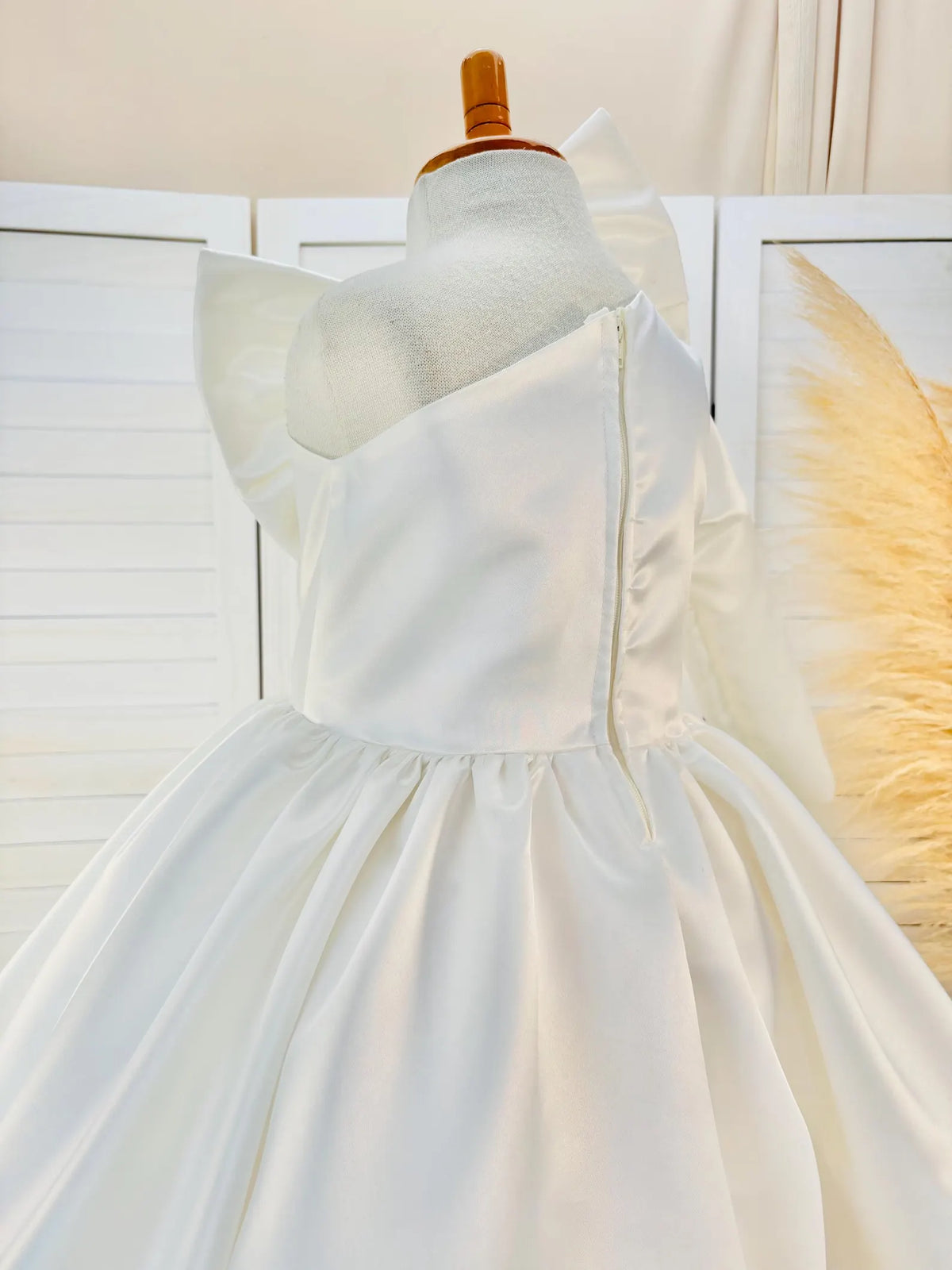 Ivory Satin Pearl Double Bow One Shoulder Long Sleeve Ankle Length Dress