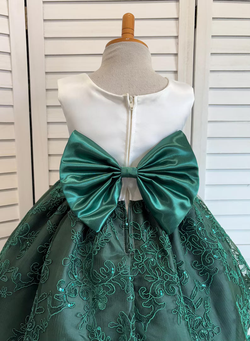 Hunter Green Floral Sequin Embroidery Knee Length Dress Youth Toddler Junior Flower Girl