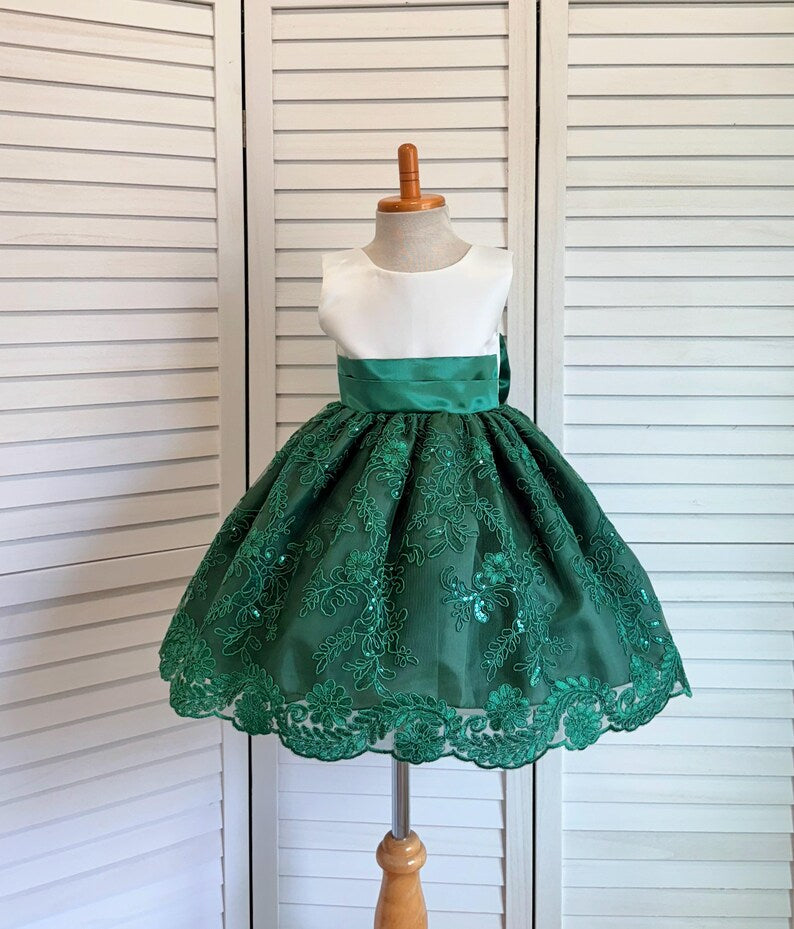 Hunter Green Floral Sequin Embroidery Knee Length Dress Youth Toddler Junior Flower Girl