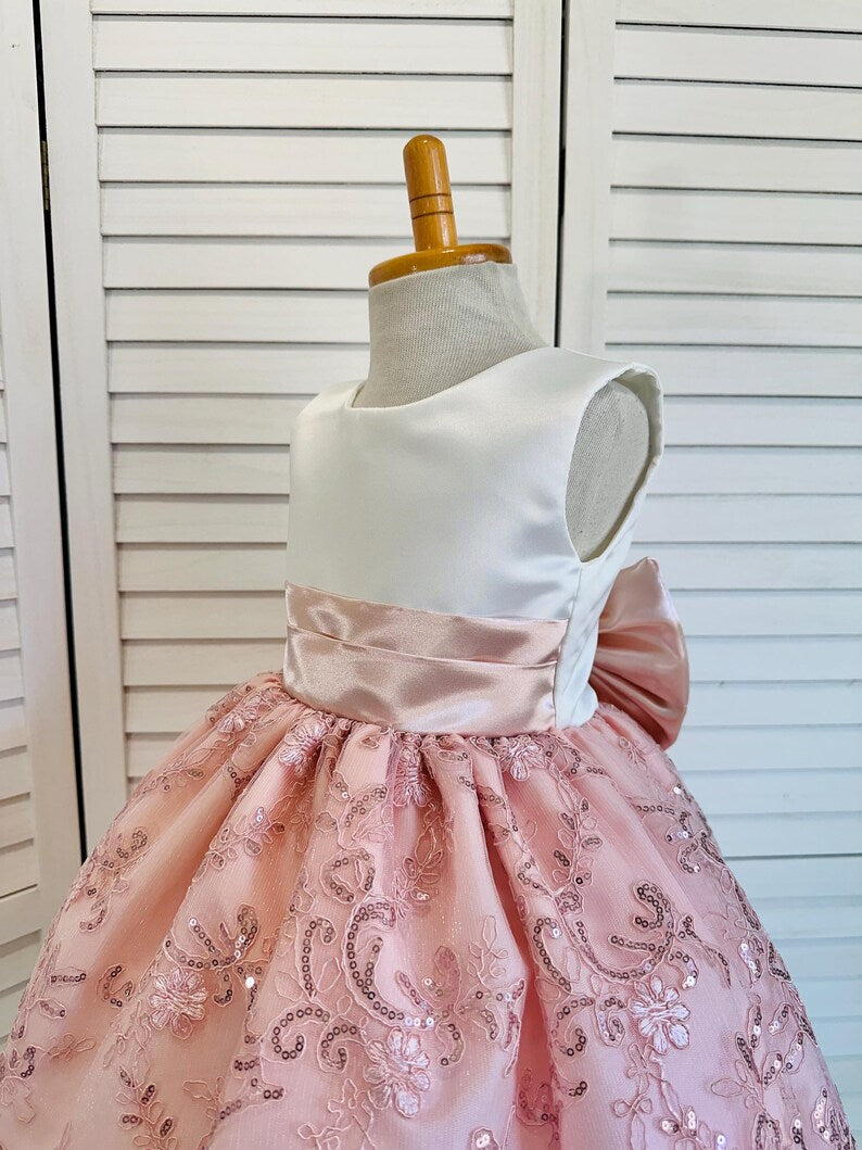 Blush Floral Embroidery Sequin Girl Dress Bow Knee Length Gown Youth Toddler Junior Custom Sizes
