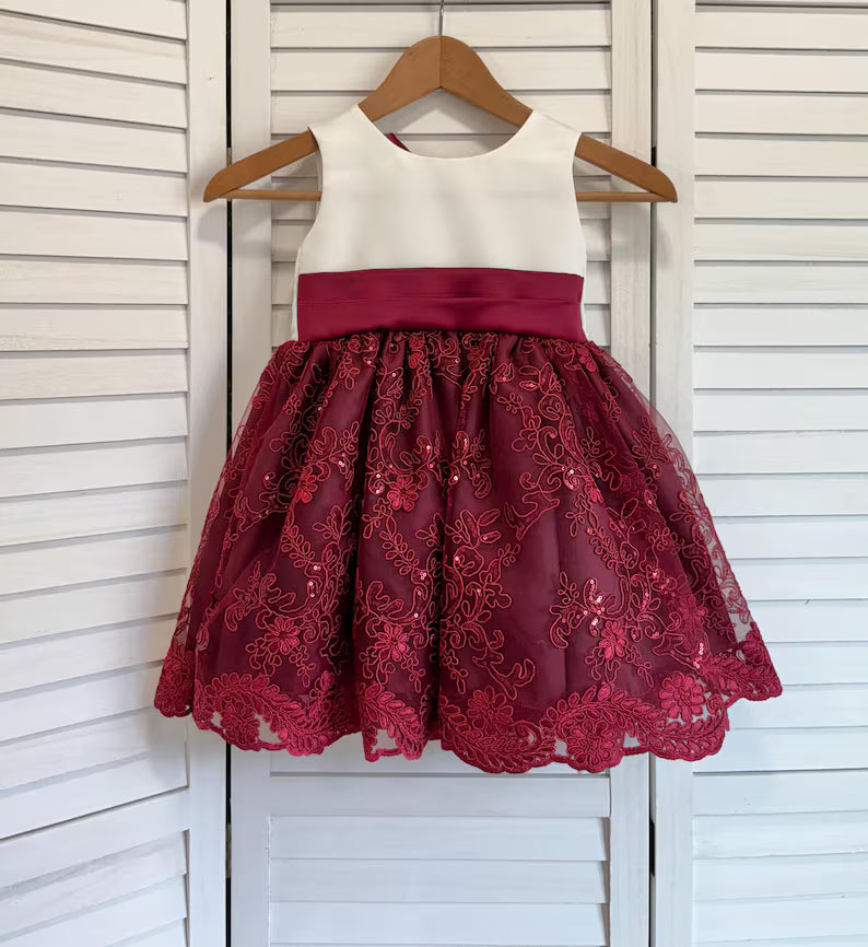 Burgundy Ivory Embroidery Floral Sequin Knee Length Maroon Dress