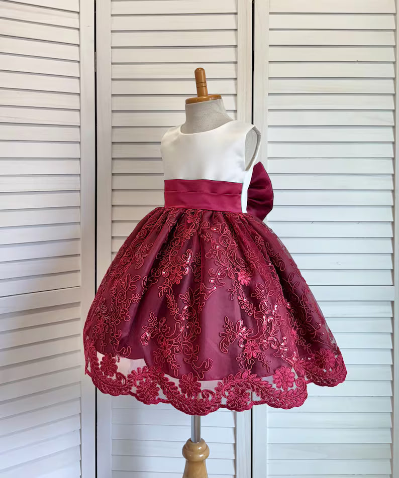 Burgundy Ivory Embroidery Floral Sequin Knee Length Maroon Dress