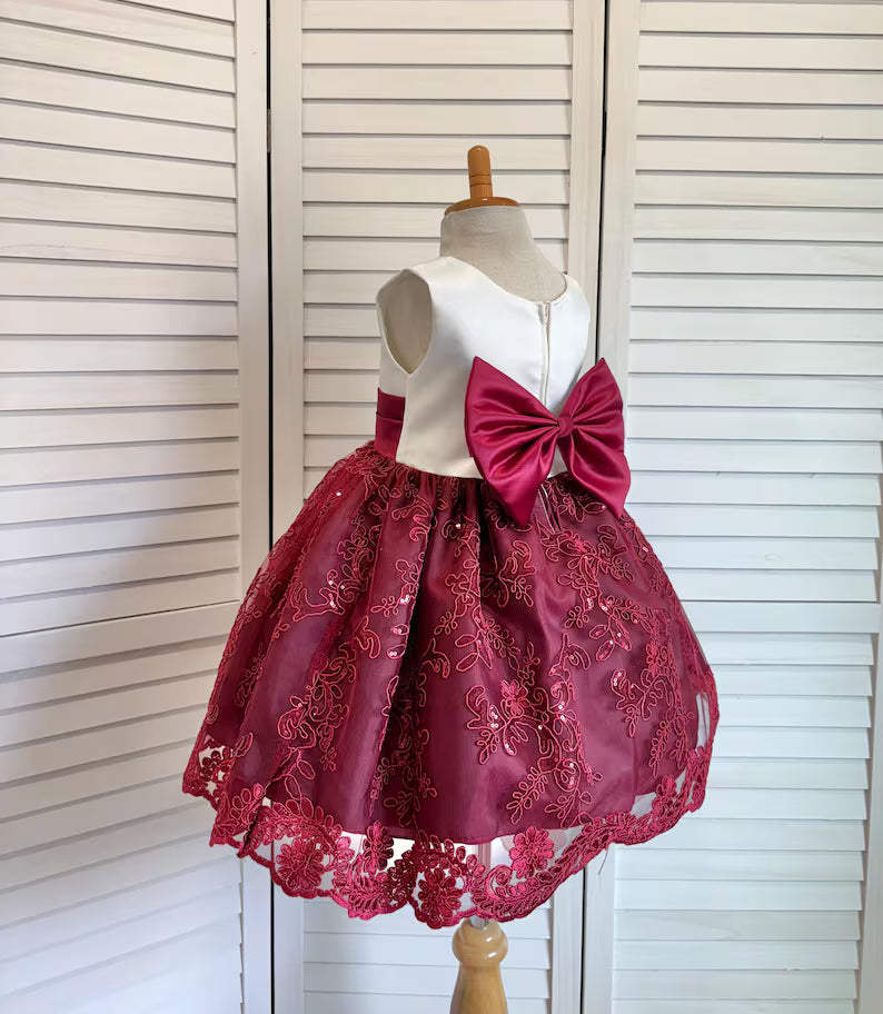 Burgundy Ivory Embroidery Floral Sequin Knee Length Maroon Dress