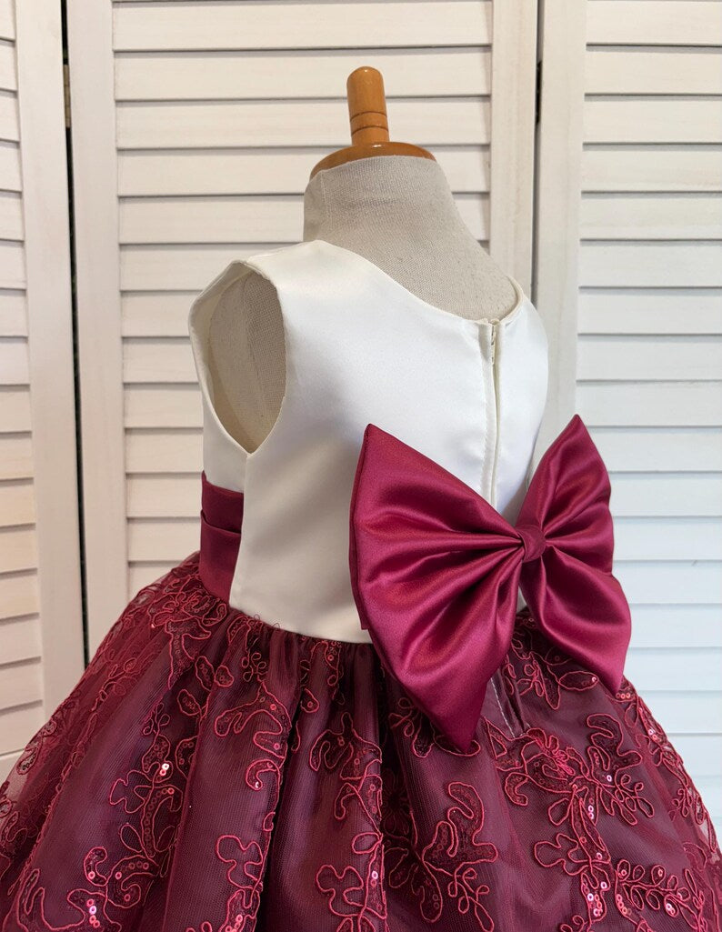 Burgundy Ivory Embroidery Floral Sequin Knee Length Maroon Dress