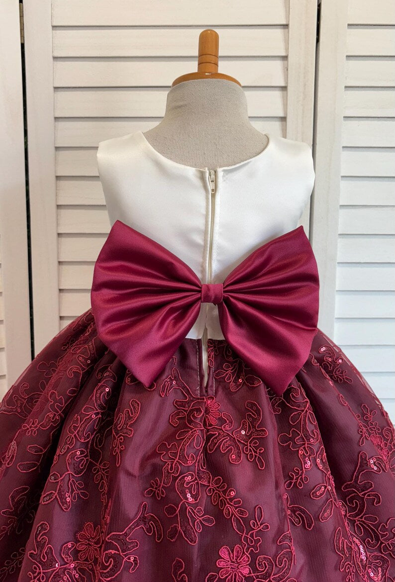 Burgundy Ivory Embroidery Floral Sequin Knee Length Maroon Dress