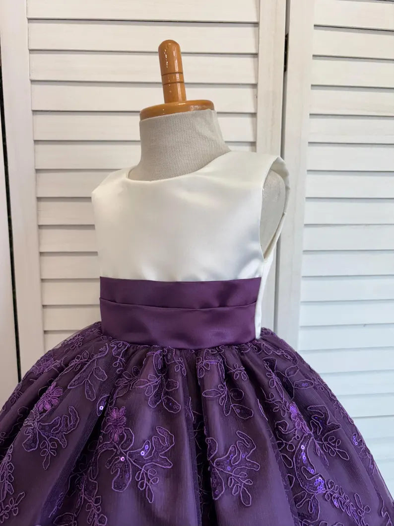 Plum Embroidery Knee Length Dress Eggplant Bridesmaid Flower Girl Junior Youth Toddler