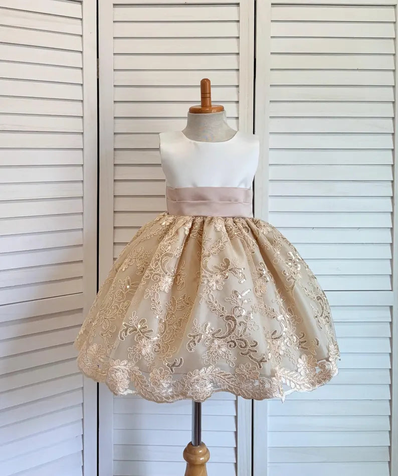 Boho Champagne Ivory Flower Girl Dress Knee Length Wedding Holiday