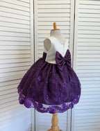Plum Embroidery Knee Length Dress Eggplant Bridesmaid Flower Girl Junior Youth Toddler