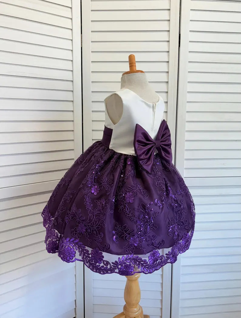 Plum Embroidery Knee Length Dress Eggplant Bridesmaid Flower Girl Junior Youth Toddler