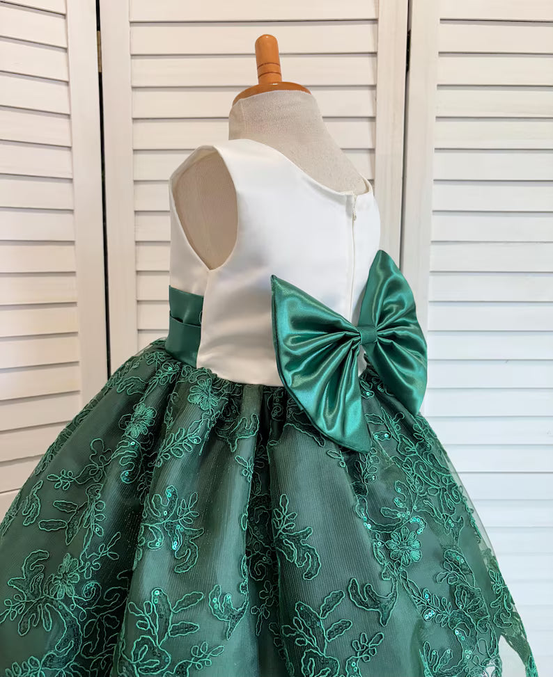 Hunter Green Floral Sequin Embroidery Knee Length Dress Youth Toddler Junior Flower Girl