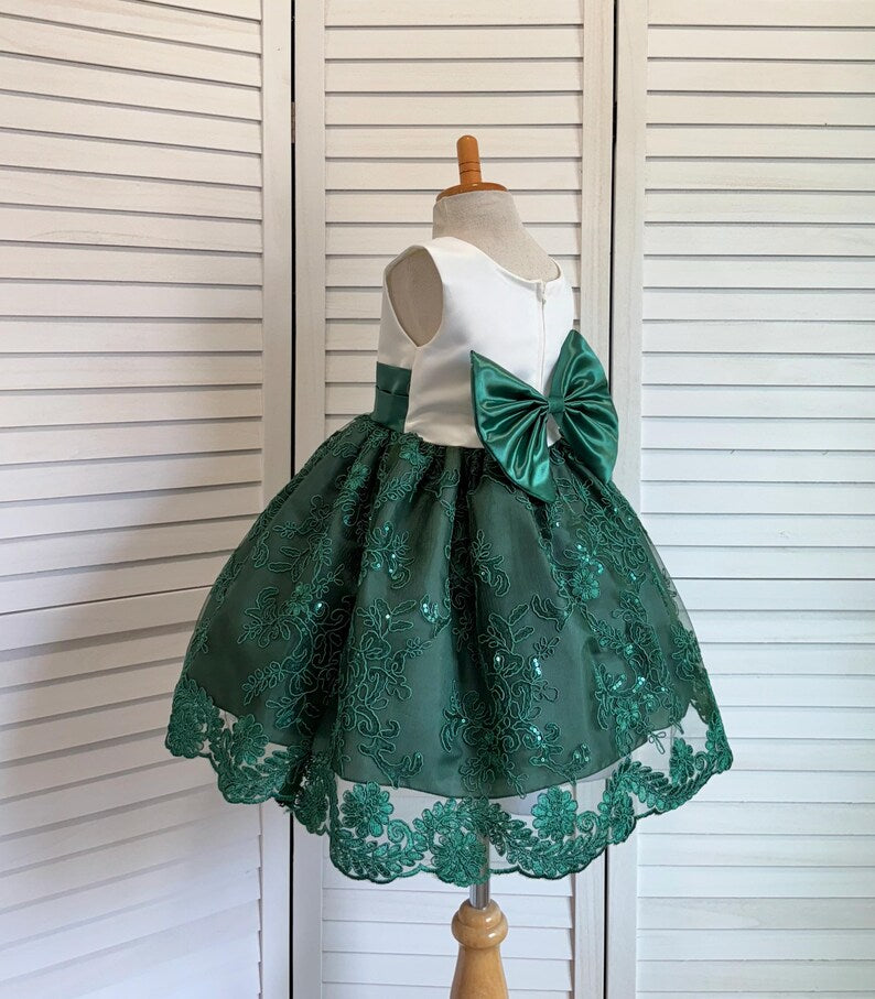 Hunter Green Floral Sequin Embroidery Knee Length Dress Youth Toddler Junior Flower Girl