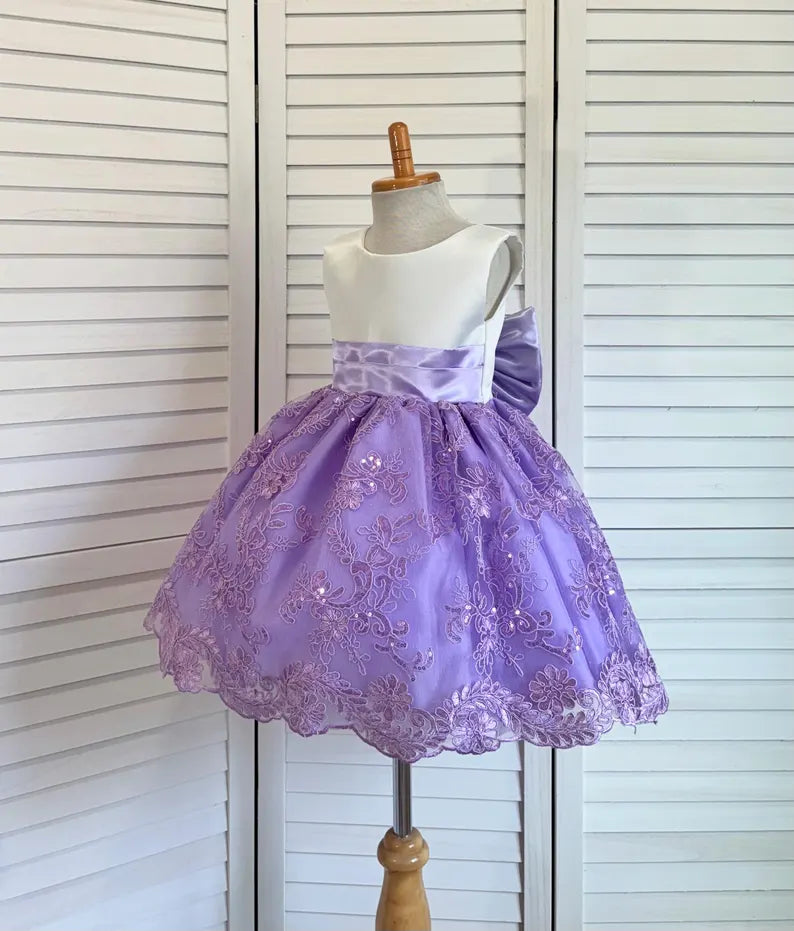 Lilac Floral Sequin Embroidery Satin Knee Length Lavender Lilac Satin Dress
