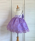 Lilac Floral Sequin Embroidery Satin Knee Length Lavender Lilac Satin Dress