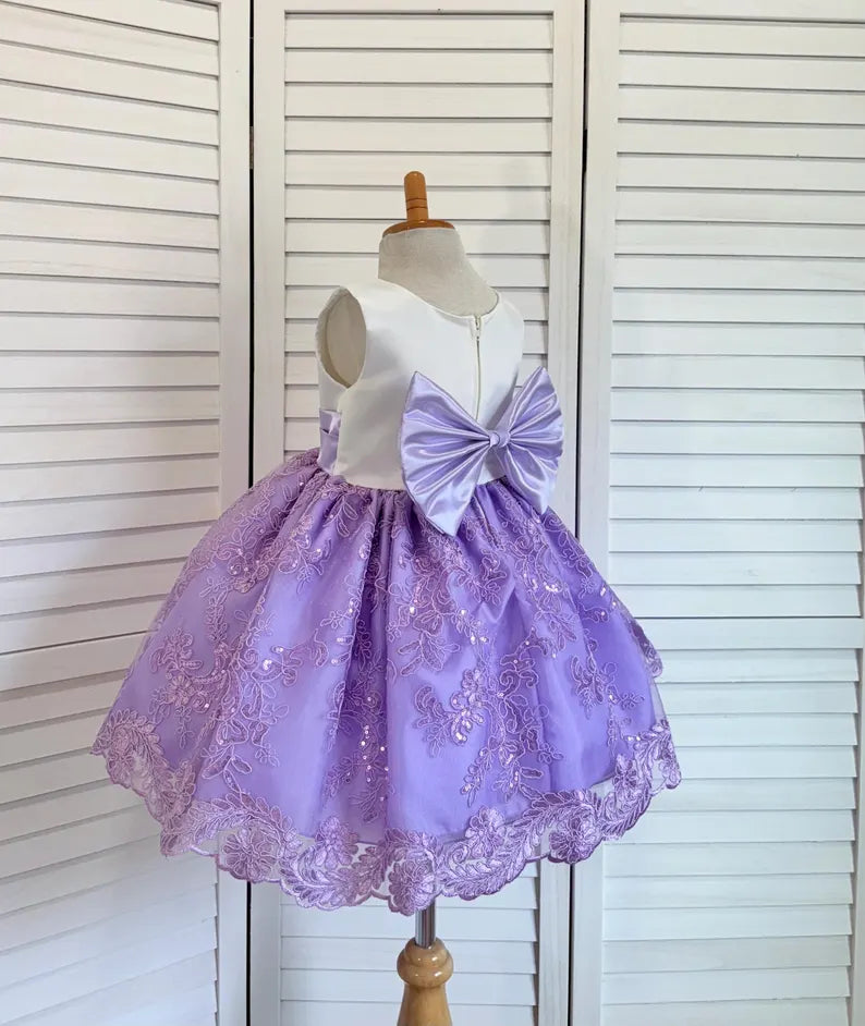 Lilac Floral Sequin Embroidery Satin Knee Length Lavender Lilac Satin Dress