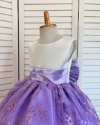 Lilac Floral Sequin Embroidery Satin Knee Length Lavender Lilac Satin Dress