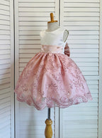Blush Floral Embroidery Sequin Girl Dress Bow Knee Length Gown Youth Toddler Junior Custom Sizes