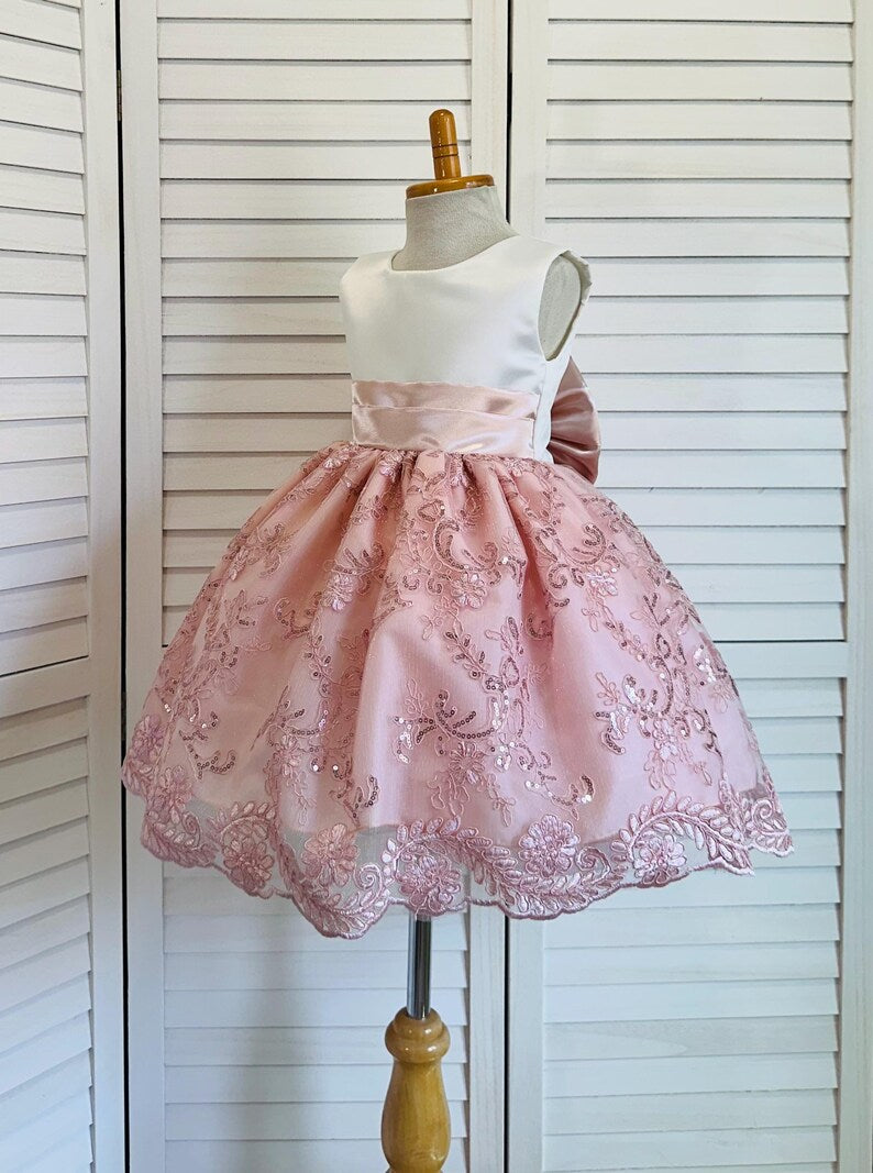 Blush Floral Embroidery Sequin Girl Dress Bow Knee Length Gown Youth Toddler Junior Custom Sizes