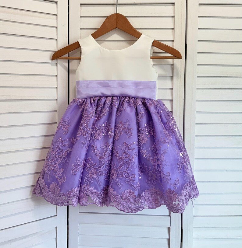 Lilac Floral Sequin Embroidery Satin Knee Length Lavender Lilac Satin Dress