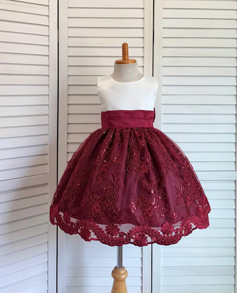 Burgundy Ivory Embroidery Floral Sequin Knee Length Maroon Dress