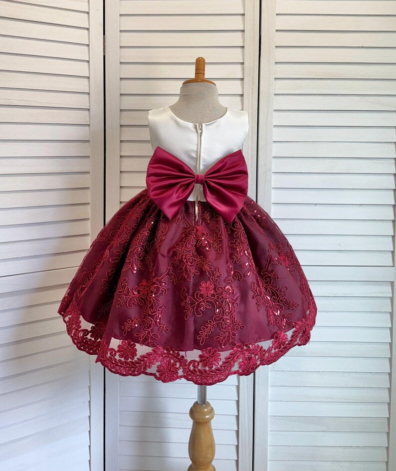 Burgundy Ivory Embroidery Floral Sequin Knee Length Maroon Dress