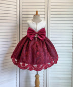 Burgundy Ivory Embroidery Floral Sequin Knee Length Maroon Dress