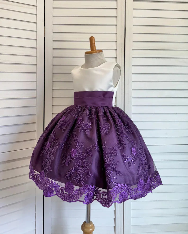 Plum Embroidery Knee Length Dress Eggplant Bridesmaid Flower Girl Junior Youth Toddler