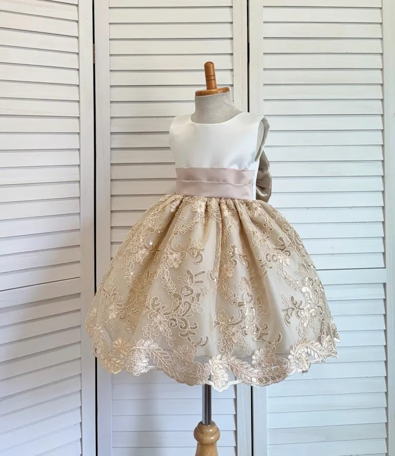 Boho Champagne Ivory Flower Girl Dress Knee Length Wedding Holiday