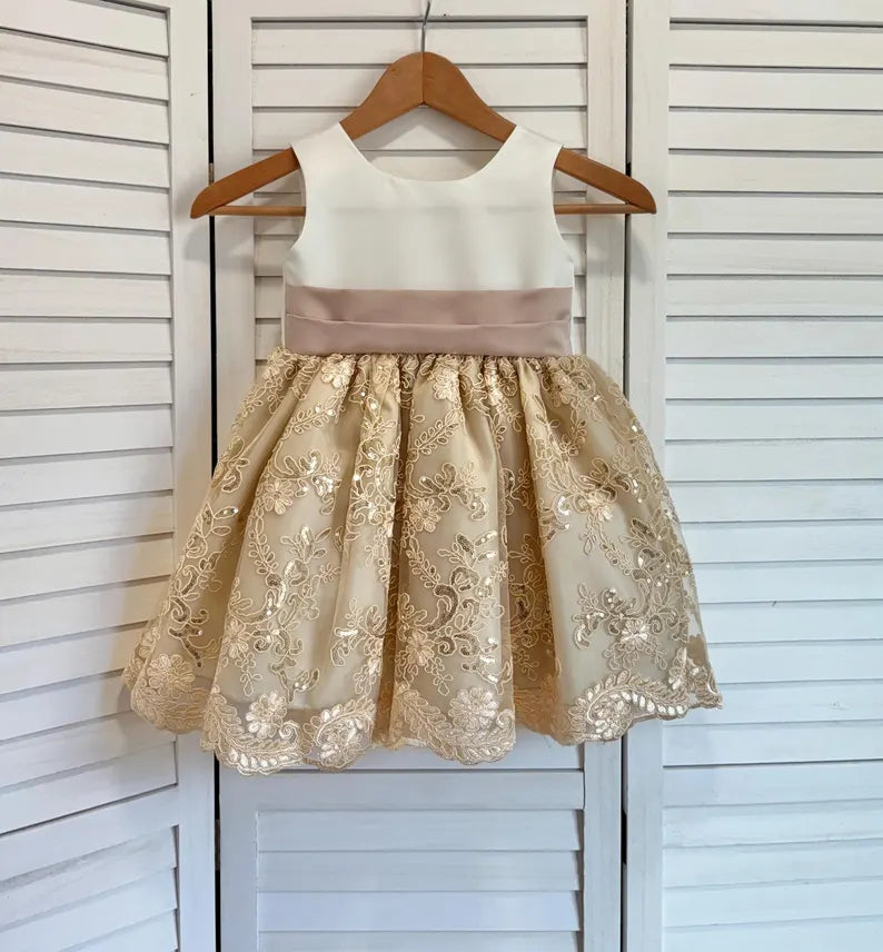 Boho Champagne Ivory Flower Girl Dress Knee Length Wedding Holiday