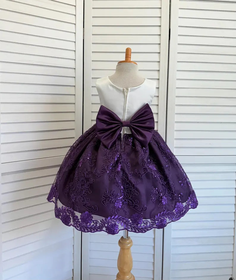 Plum Embroidery Knee Length Dress Eggplant Bridesmaid Flower Girl Junior Youth Toddler