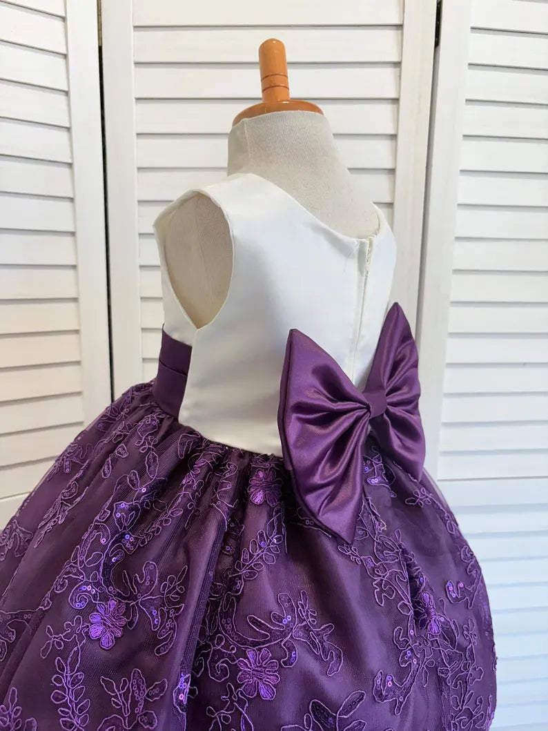 Plum Embroidery Knee Length Dress Eggplant Bridesmaid Flower Girl Junior Youth Toddler