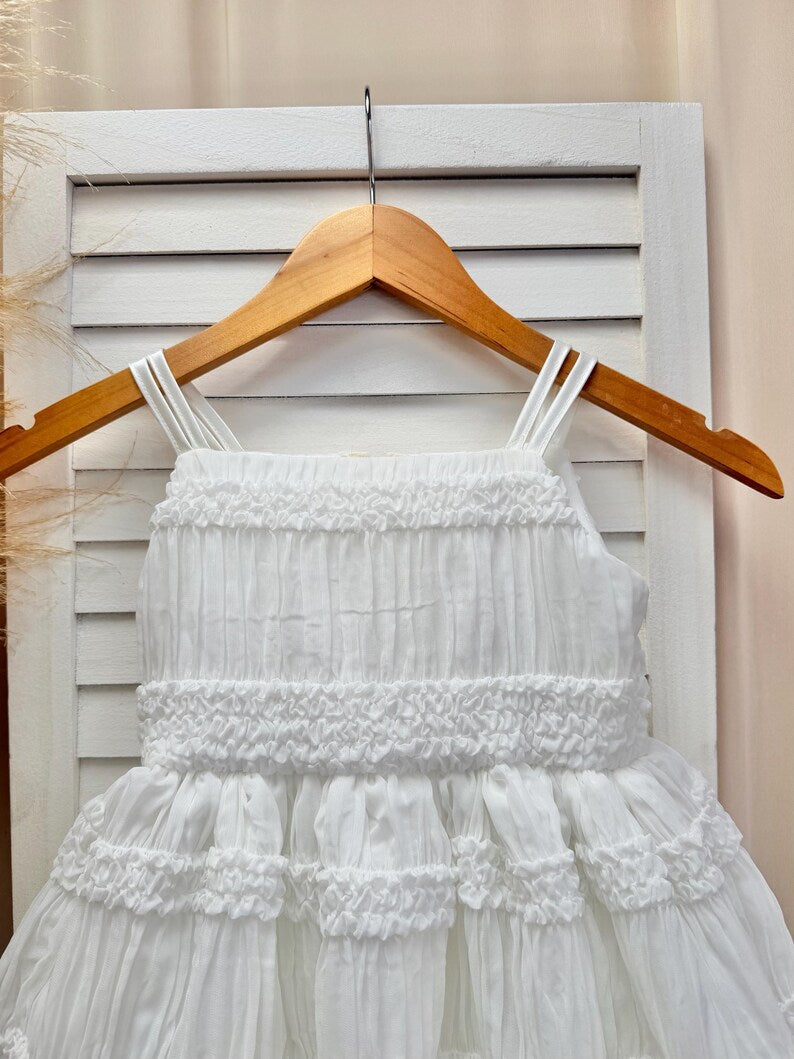 Ivory Smocked Ruffled Linen Knee Length Dress Wedding Holiday Recital Toddler Junior Youth