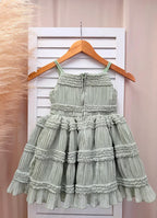 Smocked Ruffled Linen Sage Knee Length Dress Flower Girl Bridesmaid Boho Timeless