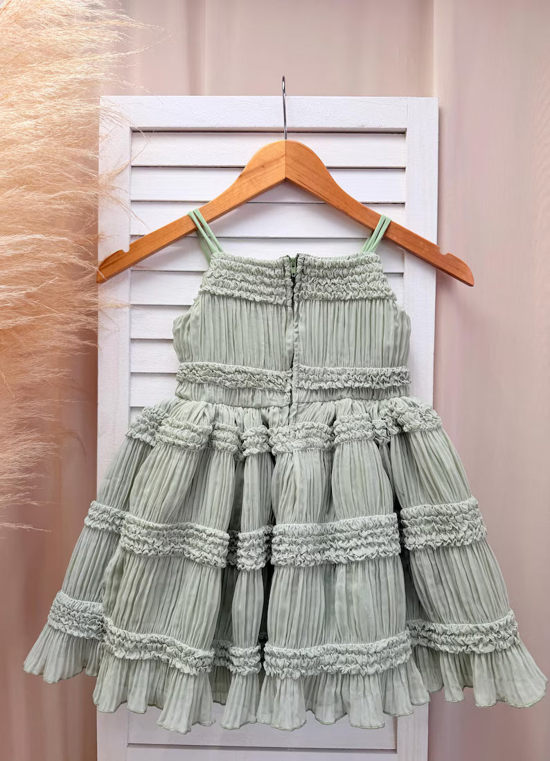 Smocked Ruffled Linen Sage Knee Length Dress Flower Girl Bridesmaid Boho Timeless
