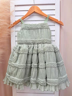 Smocked Ruffled Linen Sage Knee Length Dress Flower Girl Bridesmaid Boho Timeless