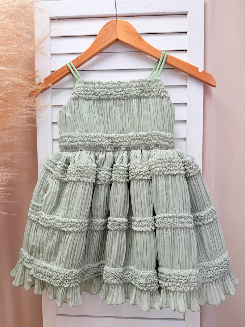 Smocked Ruffled Linen Sage Knee Length Dress Flower Girl Bridesmaid Boho Timeless
