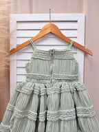 Smocked Ruffled Linen Sage Knee Length Dress Flower Girl Bridesmaid Boho Timeless