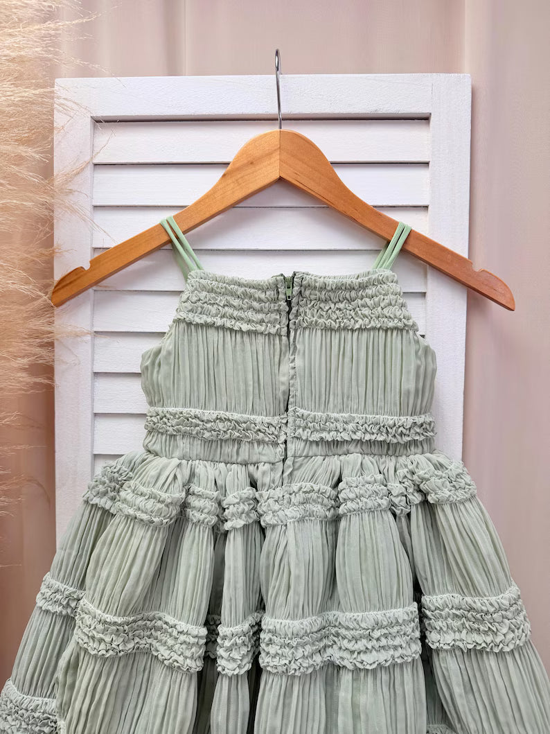 Smocked Ruffled Linen Sage Knee Length Dress Flower Girl Bridesmaid Boho Timeless