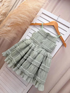 Smocked Ruffled Linen Sage Knee Length Dress Flower Girl Bridesmaid Boho Timeless