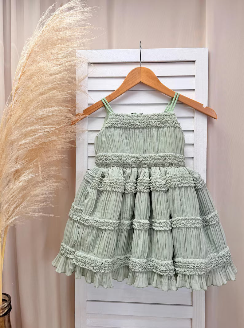 Smocked Ruffled Linen Sage Knee Length Dress Flower Girl Bridesmaid Boho Timeless