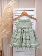 Smocked Ruffled Linen Sage Knee Length Dress Flower Girl Bridesmaid Boho Timeless