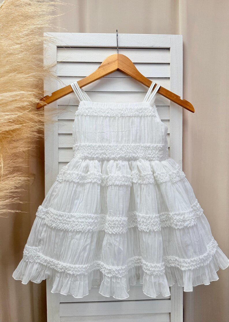 Ivory Smocked Ruffled Linen Knee Length Dress Wedding Holiday Recital Toddler Junior Youth
