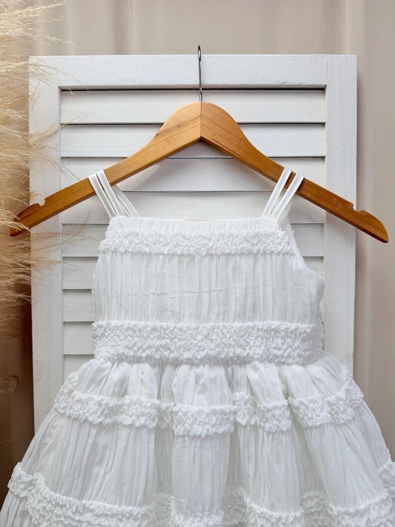 Ivory Smocked Ruffled Linen Knee Length Dress Wedding Holiday Recital Toddler Junior Youth