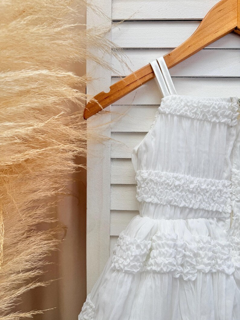 Ivory Smocked Ruffled Linen Knee Length Dress Wedding Holiday Recital Toddler Junior Youth