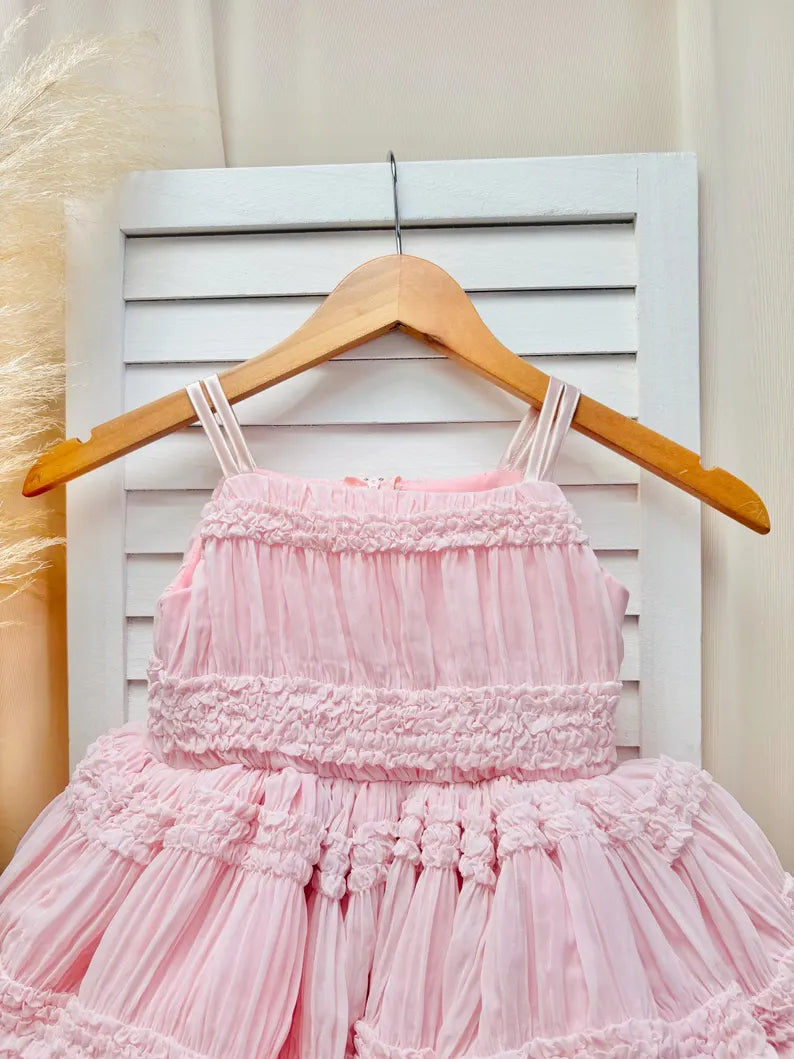 Linen Blush Pink Chiffon Linen Spaghetti Flower Girl Knee Length Toddler Junior Dress