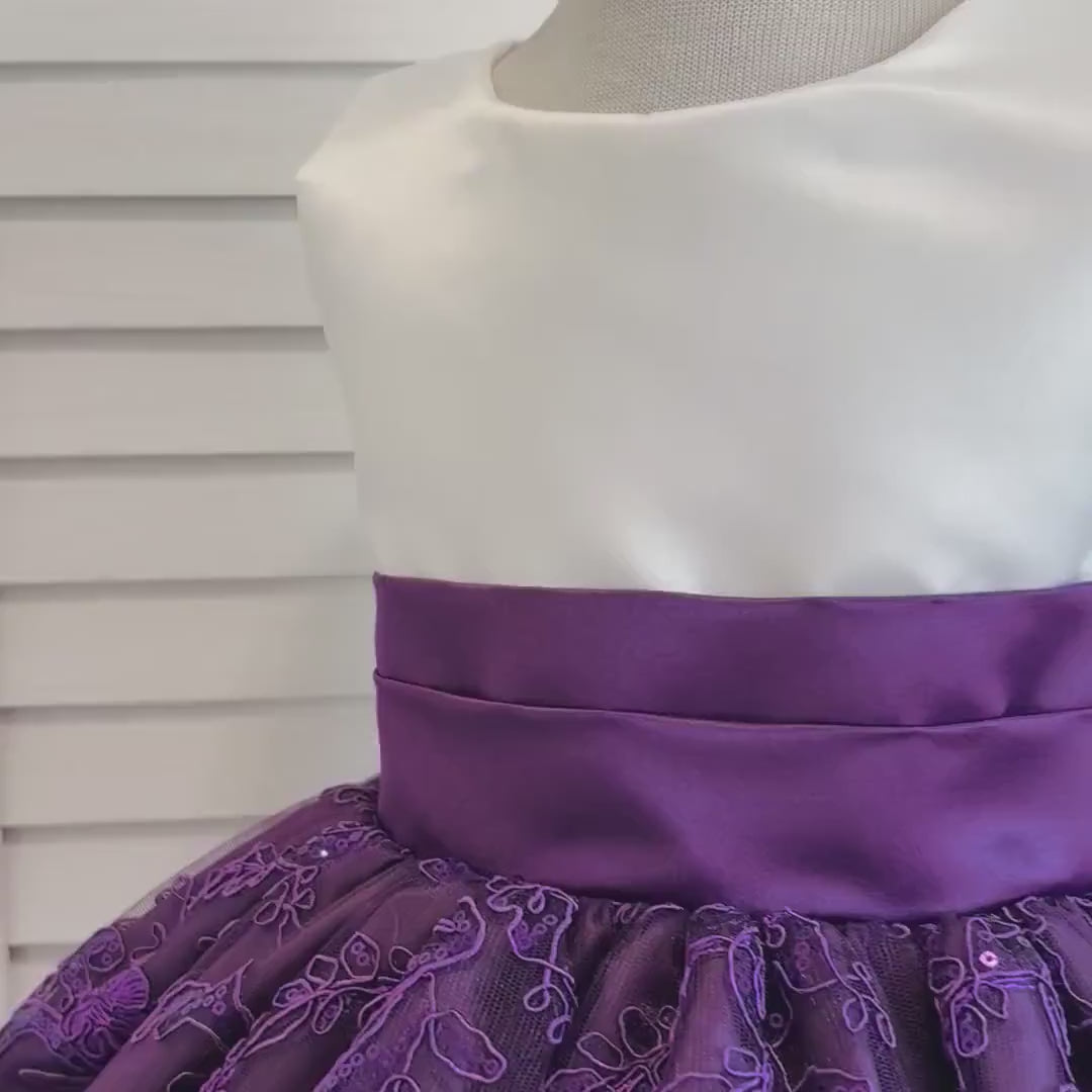 Plum Embroidery Knee Length Dress Eggplant Bridesmaid Flower Girl Junior Youth Toddler