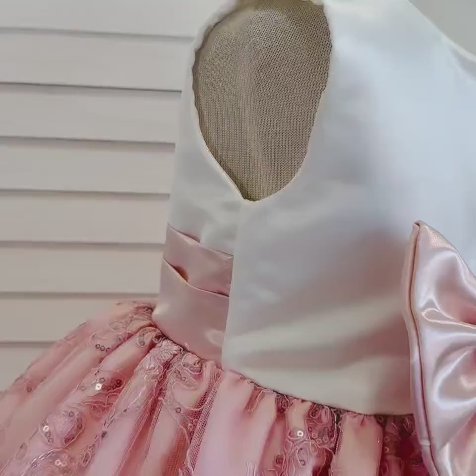Blush Floral Embroidery Sequin Girl Dress Bow Knee Length Gown Youth Toddler Junior Custom Sizes