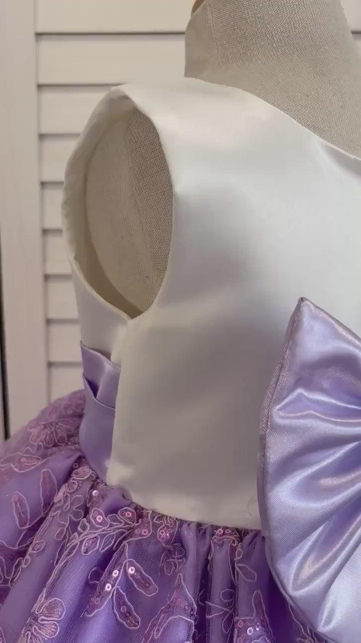 Lilac Floral Sequin Embroidery Satin Knee Length Lavender Lilac Satin Dress